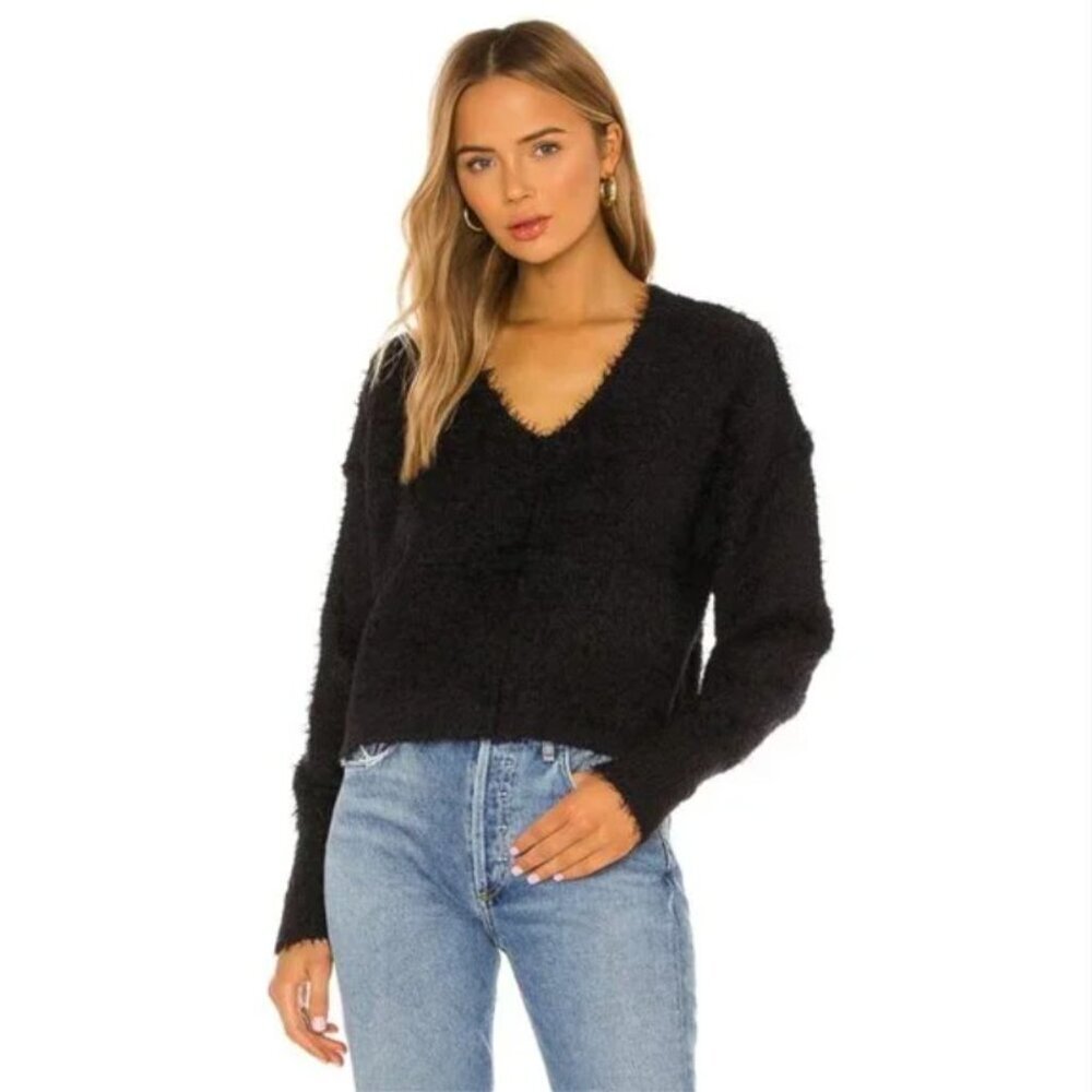 Free People Icing Black V-Neck Eyelash Cropped Oversized Boxy Sweater Sz S